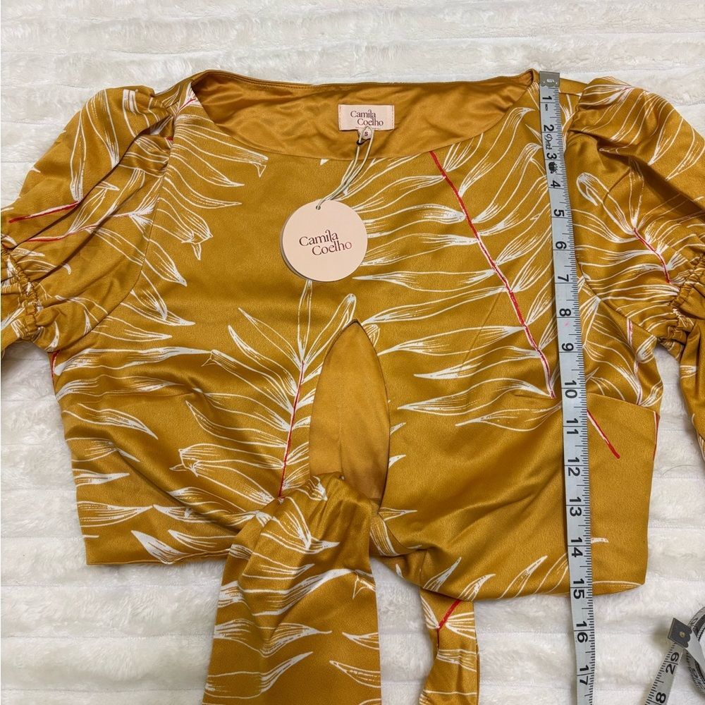 Camila Coelho Marcia Crop Top Gold Tropical Puff Sleeve Resort Glam Blouse, sz S - Picture 9 of 11